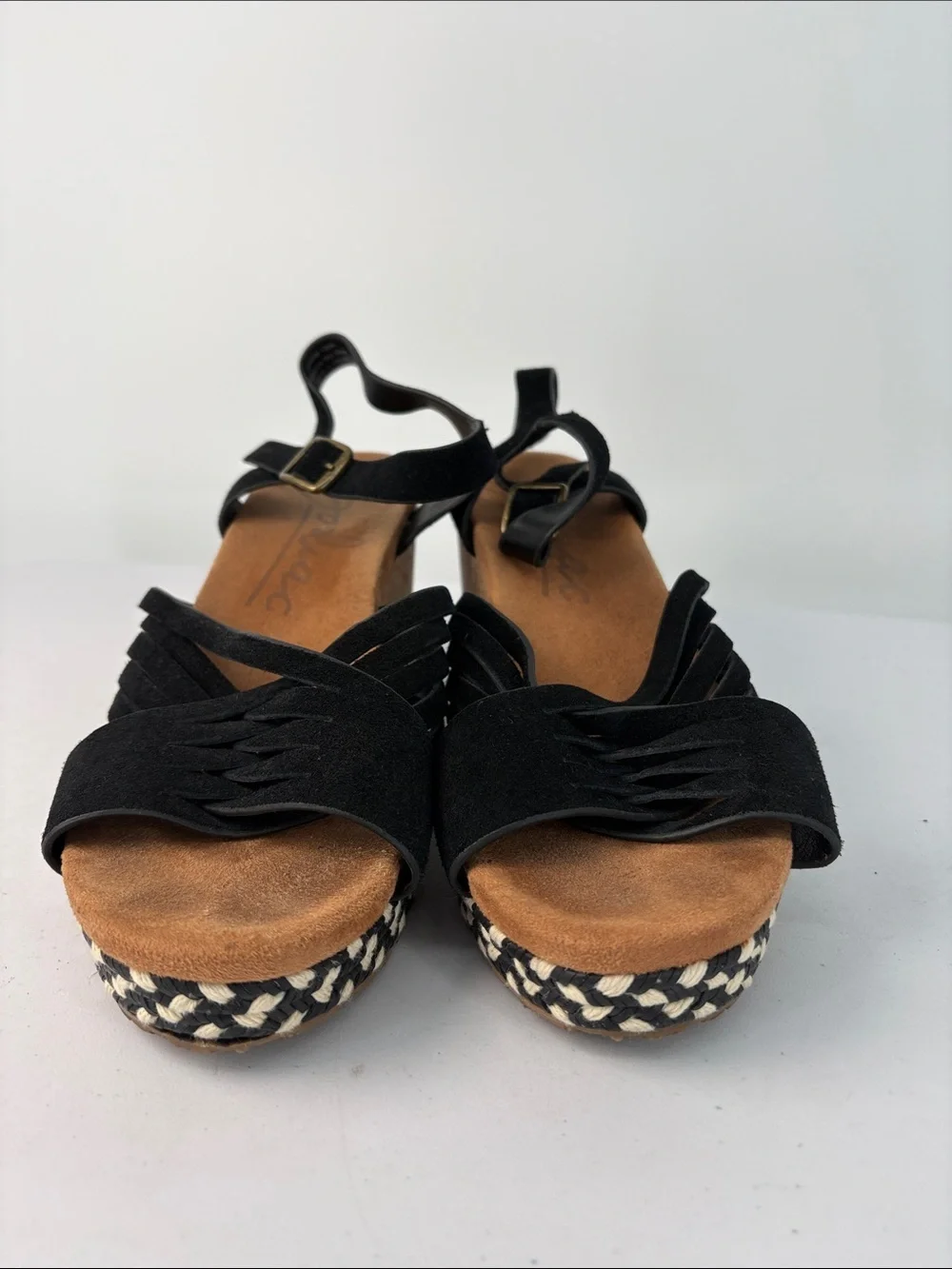 🐚 Zodiac Black Suede Cork Espadrille Wedges Paola
